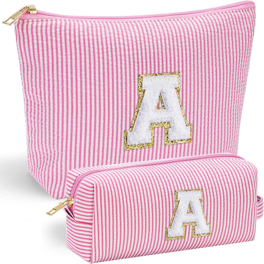 YOOLIFE Personalized Initial Makeup Bag for Women | Pink Cosmetic Travel Toiletry Bag | 11 12 13 14 15 16 Years Old Girl Gifts | Preppy Stuff Teen Girl Gift Trendy Stuff A - Roamly