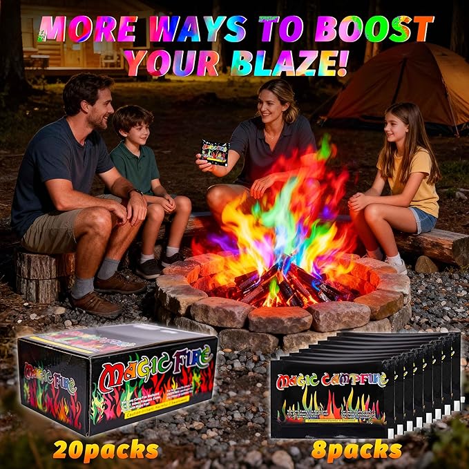 Magic Fire Color Changing Packets (20 Pack) for Fire Pits, Campfire, Bonfire & Outdoor Fireplace, Long Lasting, Vibrant, Non-Toxic Colored Rainbow Flames Camping Essentials & Accessories
