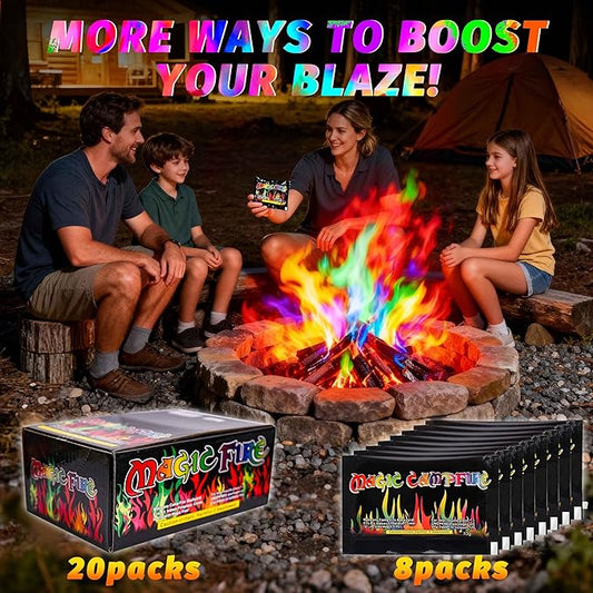Magic Fire Color Changing Packets (20 Pack) for Fire Pits, Campfire, Bonfire & Outdoor Fireplace, Long Lasting, Vibrant, Non-Toxic Colored Rainbow Flames Camping Essentials & Accessories