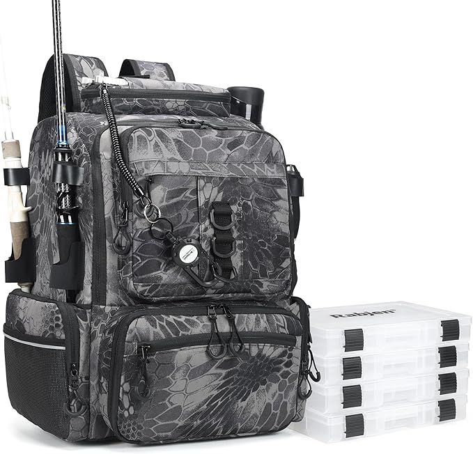 Rabjen Fishing Tackle Backpack, 45L Storage Waterproof Travel Bag Store Fishing Gear with Insulated Top Pocket