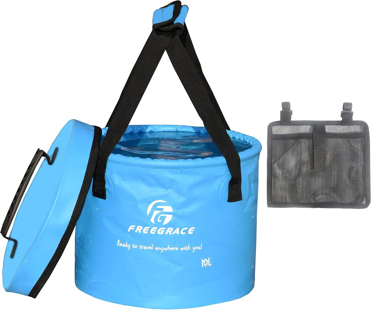 Premium Collapsible Bucket by Freegrace - Compact Portable Folding Water Container - Lightweight & Durable - Includes Handy Tool Mesh Pocket
