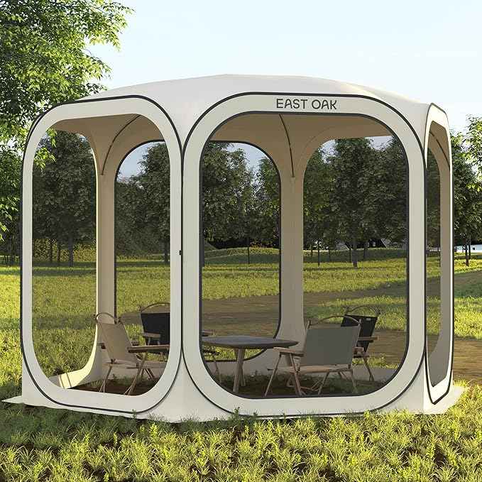 East Oak Screen House Tent Pop-Up, Portable Screen Room Canopy Instant Screen Tent 10 x 10 FT with Carry Bag for Patio, Backyard, Deck & Outdoor Activities, Beige