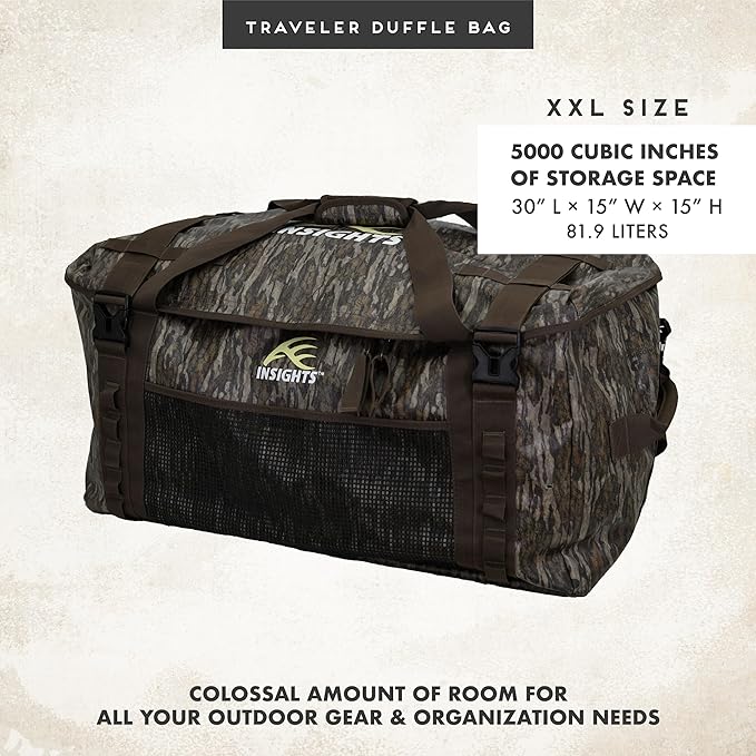 Insights Hunting by frogg toggs– The Traveler Gear Bag, All Around Hunting Weatherproof Storage Duffle, XL 3000 Cubic Inches of Storage, Mossy Oak Bottomland
