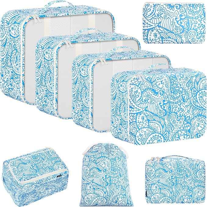 BAGAIL 8 Set Packing Cubes Luggage Packing Organizer Bags for Travel Accessories-Blue paisley