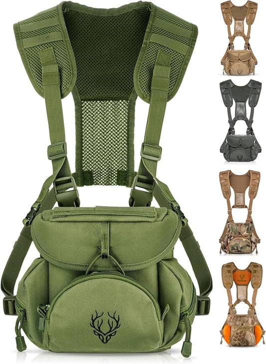 Binocular Harness Chest Pack - Lightweight Bino Harness with Rangefinder Pouch, Silent Hunting Chest Rig and Binocular Case w/ MOLLE system, Veteran Owned Gear, Green