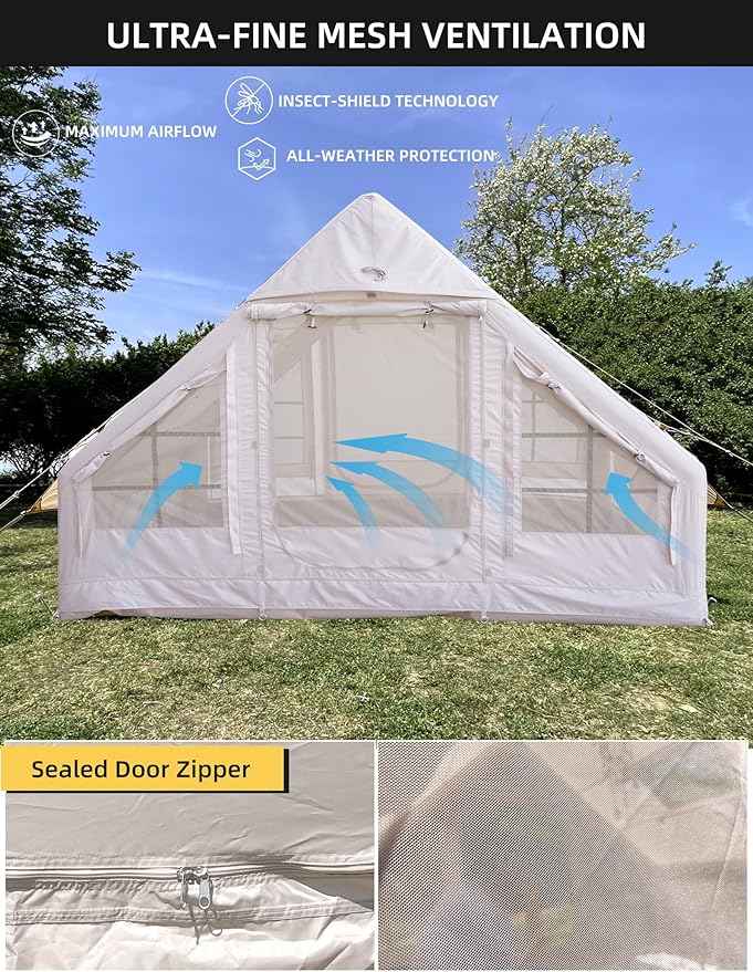 Cotton Inflatable Camping Tent, 2-4 Person, Windproof Glamping Design with Skylight, Instant Setup (2~4person(10.2'L X 8'W X 7'H)-Green)