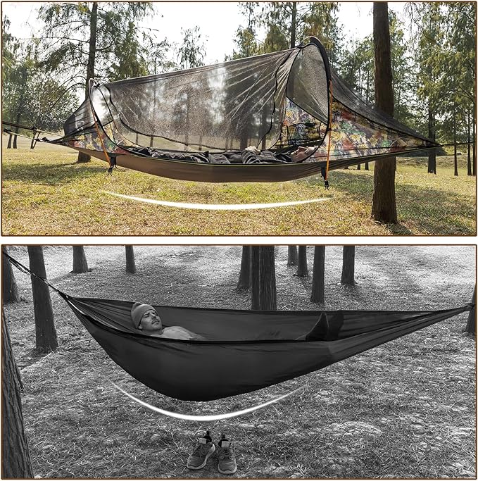 Night Cat Flat Lay Hammock Tent: Portable Lightweight Camping Hammock with Mosquito Net Waterproof Rainfly for 1 Person Outdoor Camping Camouflage