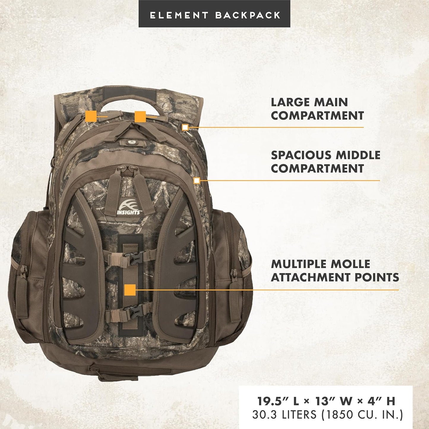 Insights Hunting by frogg toggs - The Element, Heavy Duty 1,831 Cubic Inch Hiking Fishing Camping Hunting Backpack, Realtree Timber - Roamly