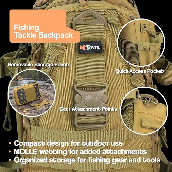 Tovra Fishing Tackle Backpack with Removable Storage Pouch – Compact Sling Pack with MOLLE Webbing, Multiple Compartments & Waterproof Nylon for Fishing, Hiking & Outdoor Gear Organization