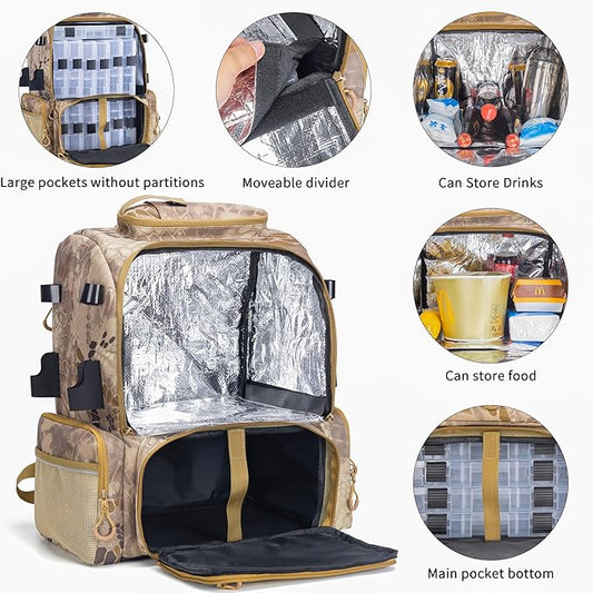 Rabjen Fishing Tackle Backpack, 45L Storage Waterproof Travel Bag Store Fishing Gear with Insulated Top Pocket