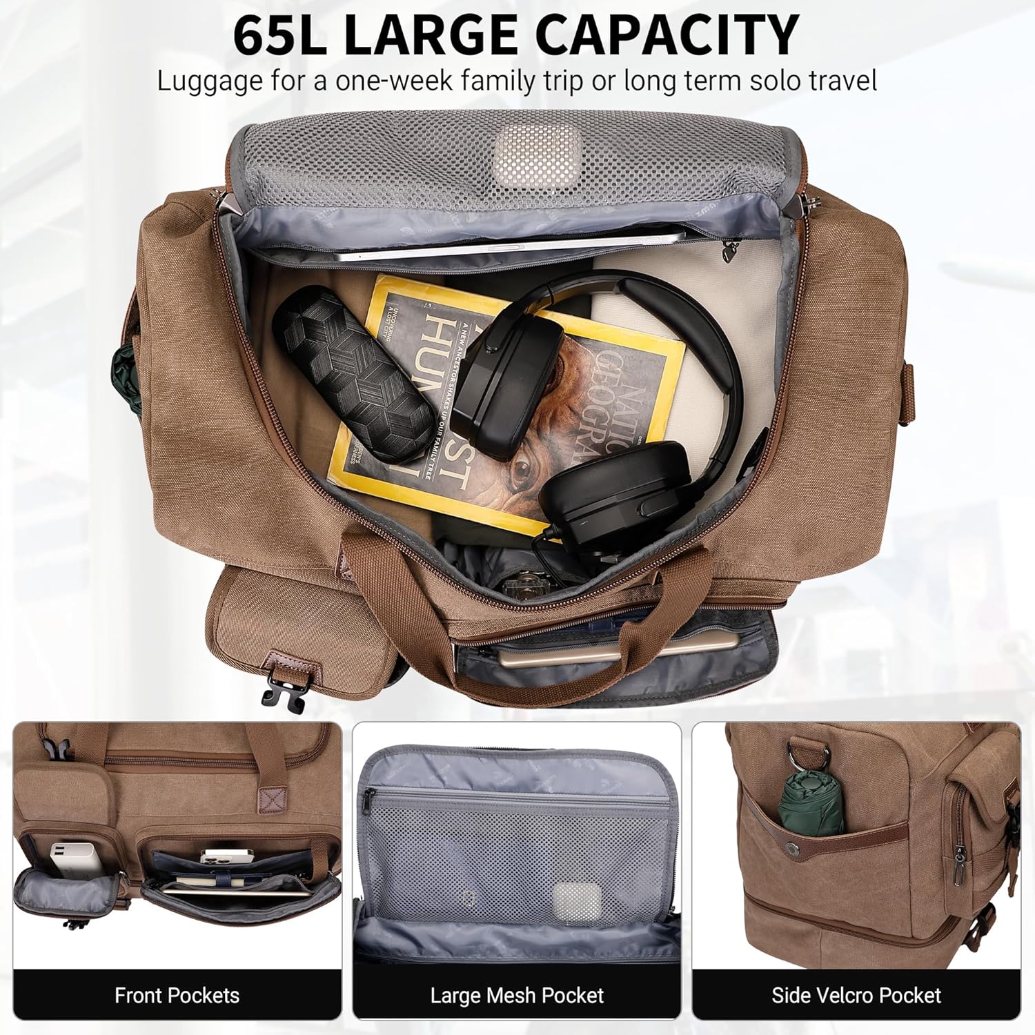 WITZMAN Duffle Bag for Men 50L Canvas Weekender Overnight Bag with Toiletry Bag Sets Travel Duffel Bag Shoes Compartment（A8010-2 Brown） - Roamly
