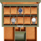 ROTHWELL 10-Slot Watch Box in Leather with Valet Drawer, Luxury Watch Case Display Organizer with Ultra Soft Microsuede Liner, Jewelry and Sunglass Holder With Large Glass top (Green/Tan)