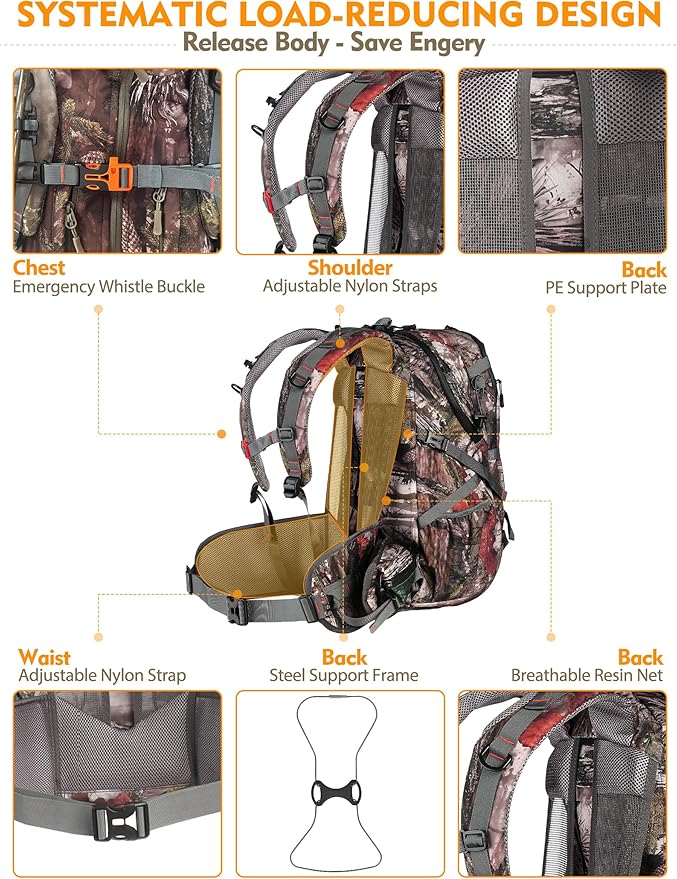 NEW VIEW Hunting Backpacks for Men 35L, Camo Backpack for Hunting with Rifle Bow Gun Holder, Waterproof Hunting Pack with Rain Rover