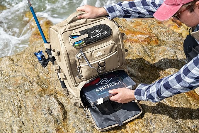 Fishing Backpack with Tackle Boxes and Rod Holders 40L; Plus Rain Cover, Padded Back Support, Insulated Front Pocket for Hot/Cold Lunch, Water Bottle Holder (Force Khaki)