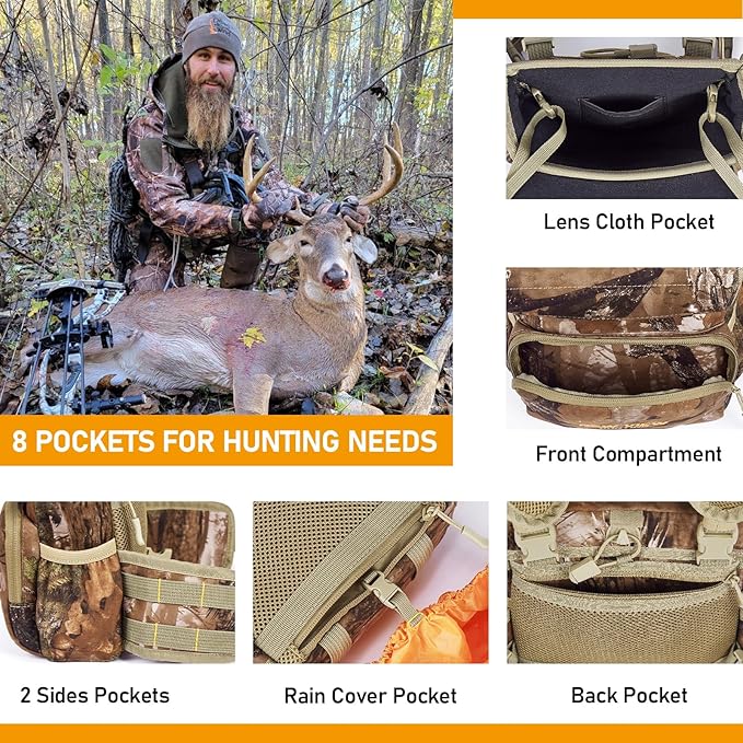 NEW VIEW Binocular Harness Chest Pack, Bino Case with Rangefinder Pouch and Rain Cover, Silent Chest Rig with 8 Pockets for Hunting, Hiking, Bird Watching