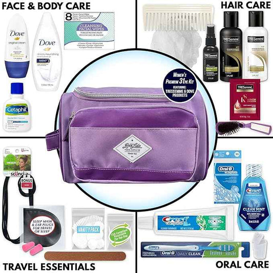 Convenience Kits International Women’s Super Premium 31 PC Travel Kit Featuring: Ensemble of Travel-Size Hair Care Products Plus Face, Body, Oral Care, Travel Essentials in Large Purple Toiletry Bag