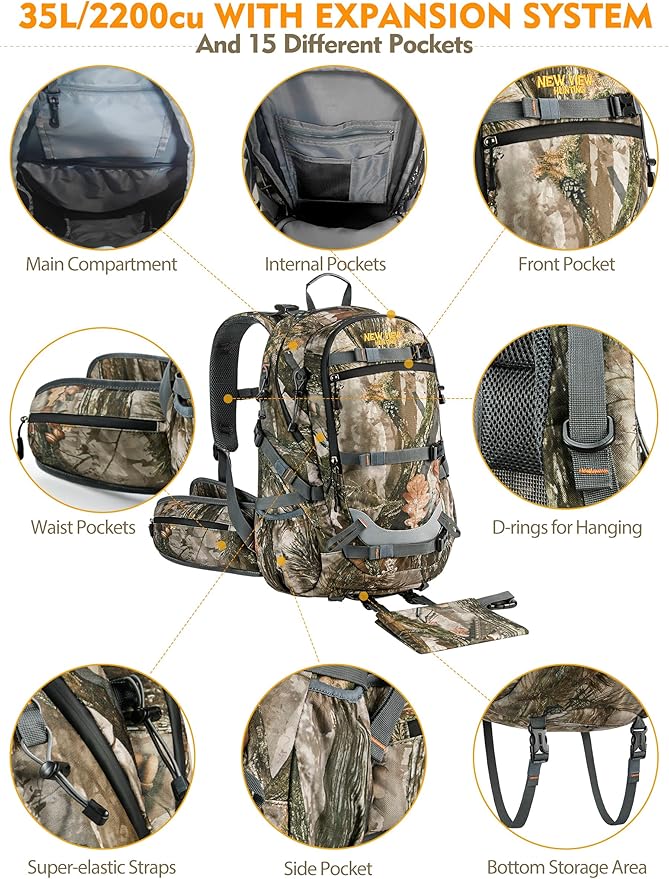 NEW VIEW Hunting Backpacks for Men 35L, Camo Backpack for Hunting with Rifle Bow Gun Holder, Waterproof Hunting Pack with Rain Rover