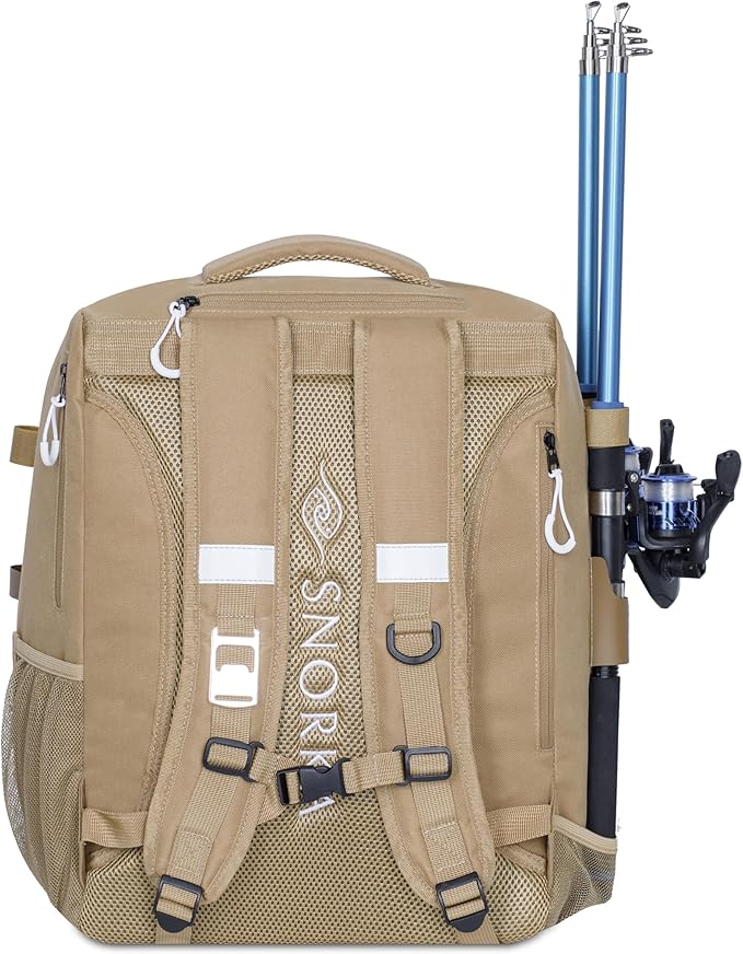 Fishing Backpack with Tackle Boxes and Rod Holders 40L; Plus Rain Cover, Padded Back Support, Insulated Front Pocket for Hot/Cold Lunch, Water Bottle Holder (Force Khaki)