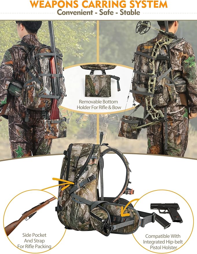 NEW VIEW Hunting Backpacks for Men 35L, Camo Backpack for Hunting with Rifle Bow Gun Holder, Waterproof Hunting Pack with Rain Rover