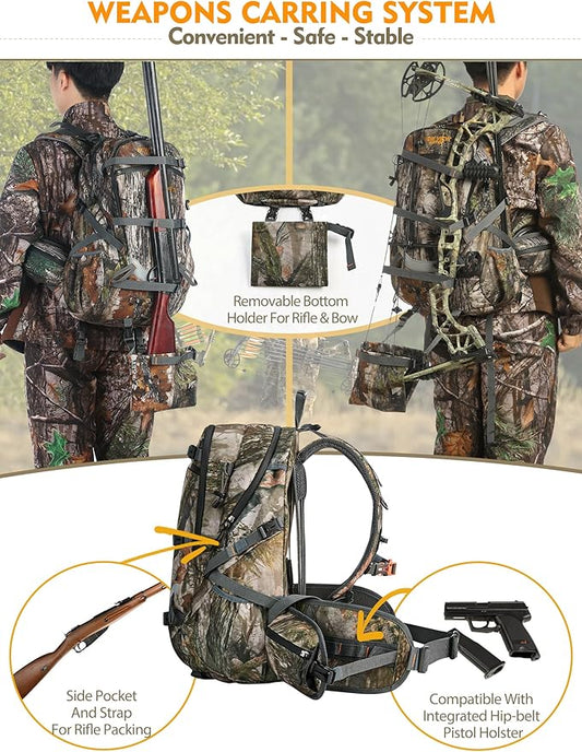 NEW VIEW Hunting Backpacks for Men 35L, Camo Backpack for Hunting with Rifle Bow Gun Holder, Waterproof Hunting Pack with Rain Rover