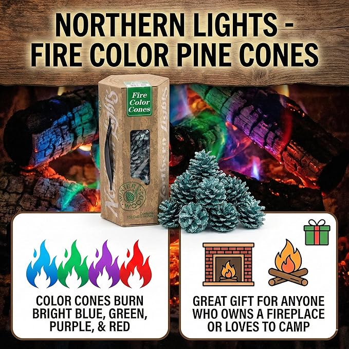 Northern Lights Fire Color Cones by Winter Woods - Transform Fireplaces and Camp Fires to a Rainbow of Colors - Easy to Use, Natural, Clean Burning