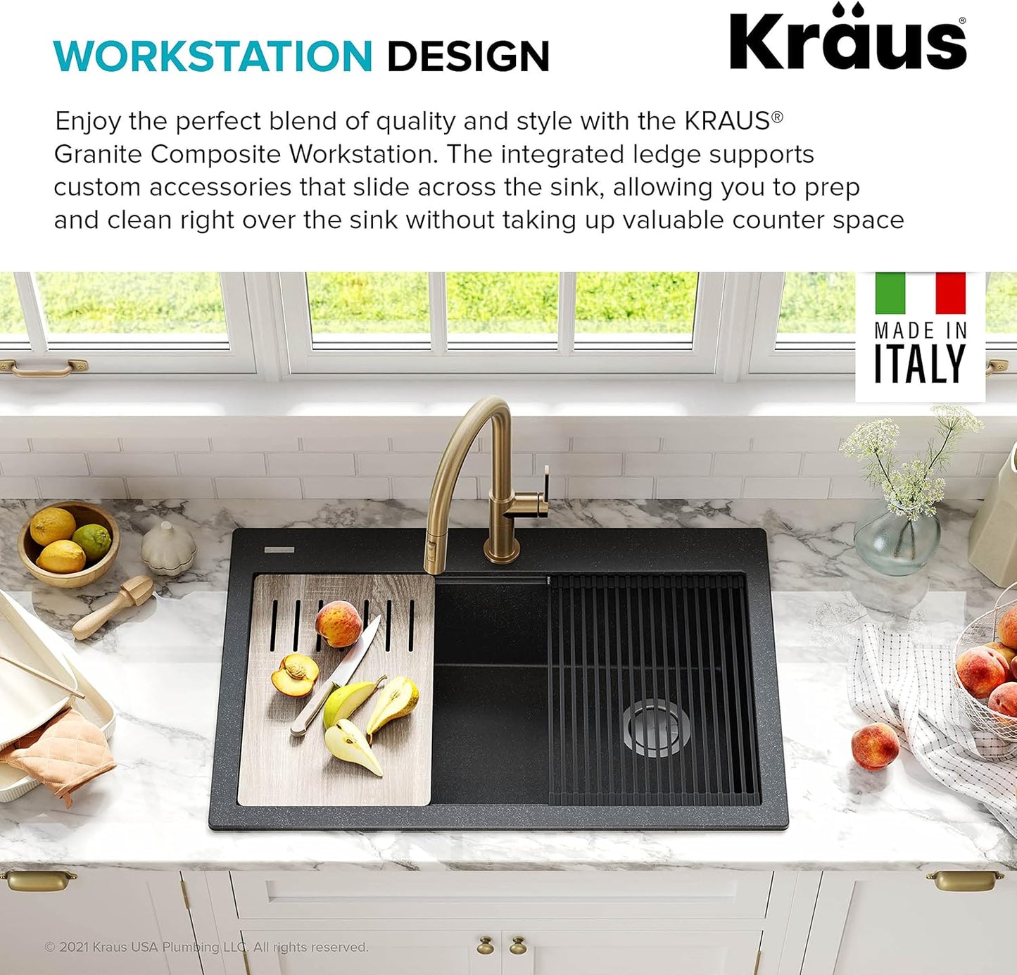 KRAUS Bellucci Workstation 33" Single Bowl Granite Kitchen Sink in Metallic Black w/Accessories, KGTW2-33MBL, Includes Dish Drainer/Dish Drying Rack