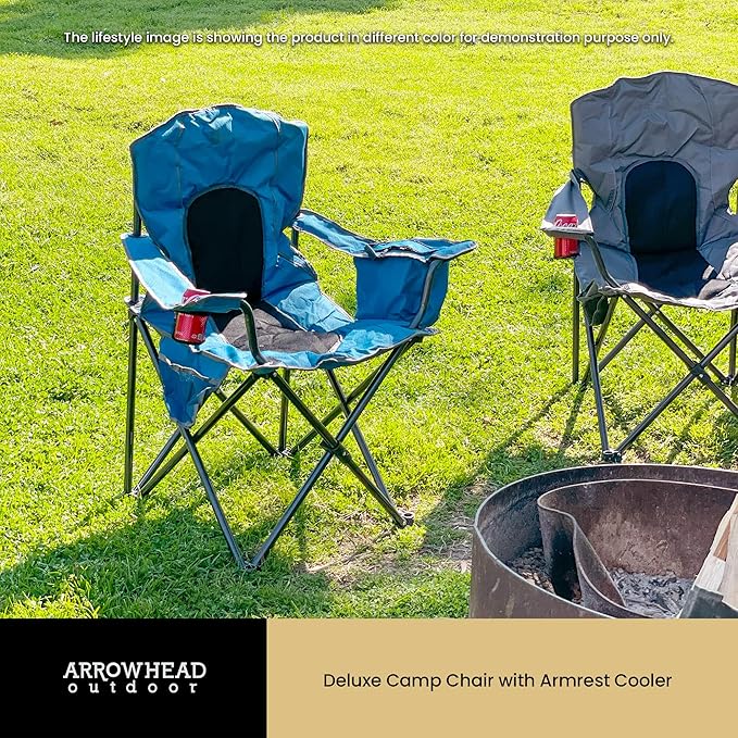 Arrowhead Outdoor Portable Folding Camping Quad Chair w/ 4-Can Cooler, Cup-Holder, Heavy-Duty Carrying Bag w/Easy Carry Shoulder Strap, Padded Armrests, Supports up to 330lbs, USA-Based Support