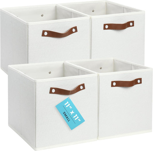 OrganiHaus 11x11 Fabric Cubes Storage Bins Set of 4, Foldable Collapsible Fabric Storage Bins for Organizer, Cubbies Organizer for Kallax, Linen Cube Shelf Baskets, Toy Organizing boxes - White