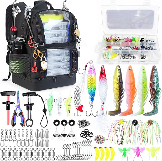 Fishing Backpack with Tackle Boxes,45L Large Tackle Bag with Cooler & Fishing Gear Kit,Waterproof Tackle Backpack for Gift with Fishing Lures, Fishing Pliers,Black