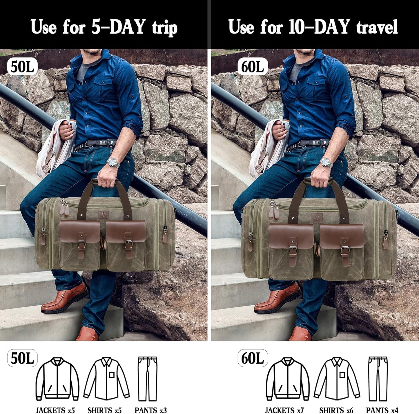 Waxed Canvas Duffle Bag for Men 50L Travel Duffel Bags Expandable Genuine Leather Duffel Overnight Weekender Carry On Bag Two Zipper Pockets Travel Bag (Vintage Grey, Large-50L) - Roamly