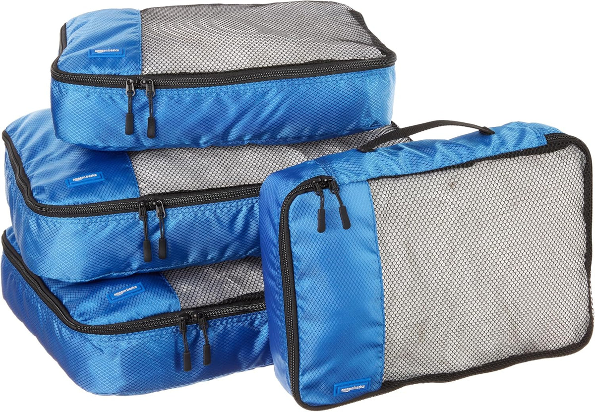 Amazon Basics Packing Cubes for Travel, Packing Organizers Set, 4-Piece-Set (2 Medium And 2 Large) With Double Zipper Pulls and Mesh Top Panel, 100% Durable Polyester, Blue - Roamly