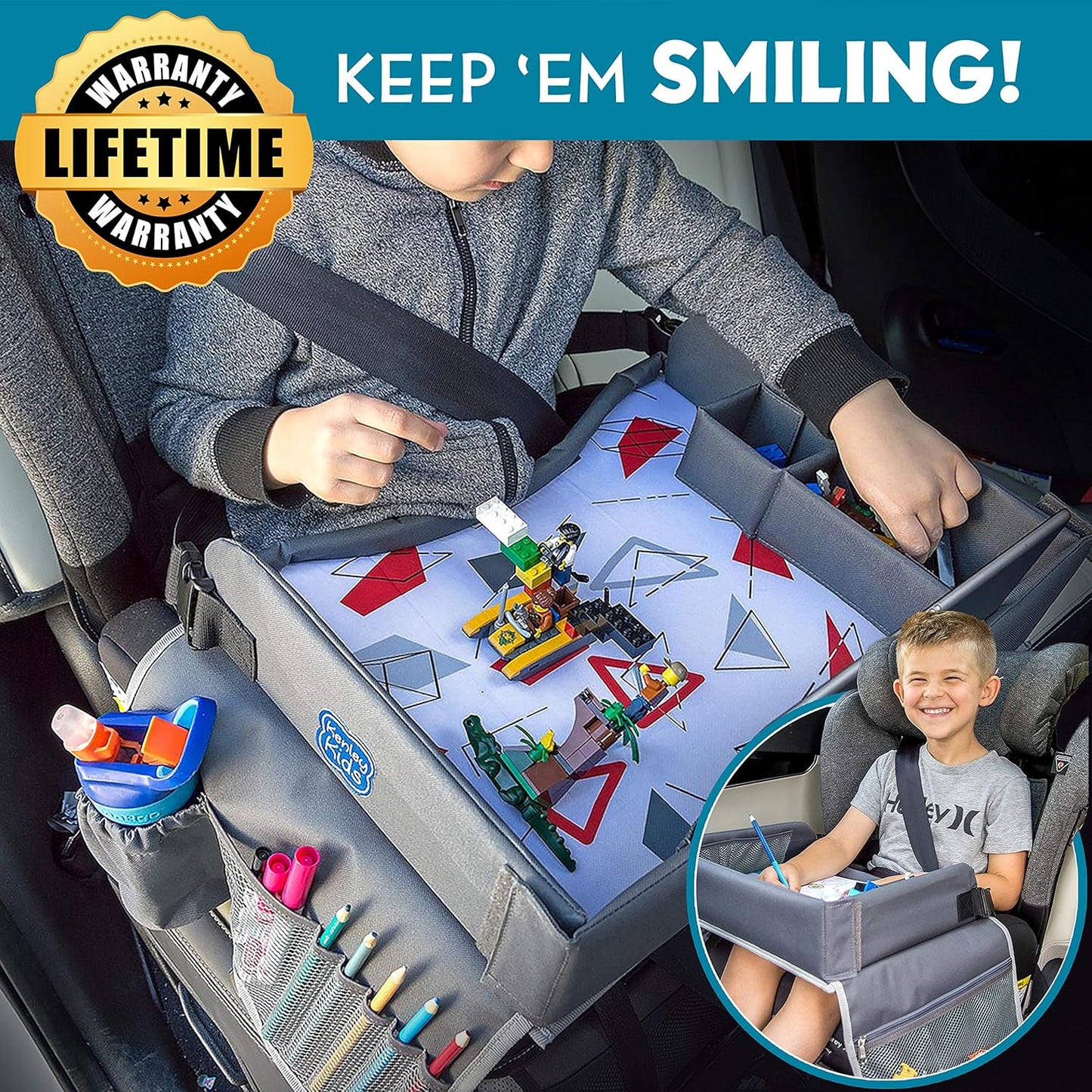 Kenley Kids Travel Tray, Toddler Car Seat Lap Tray, Road Trip Essentials Activity Table (Pink/Gray)