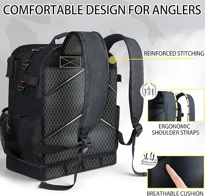 Fishing Tackle Backpack with Cooler,45L Large Tackle Bag with 2 Rod Holders & Clear Window,Outdoor Fishing Backpack for Fishing,Camping, Hiking,Black