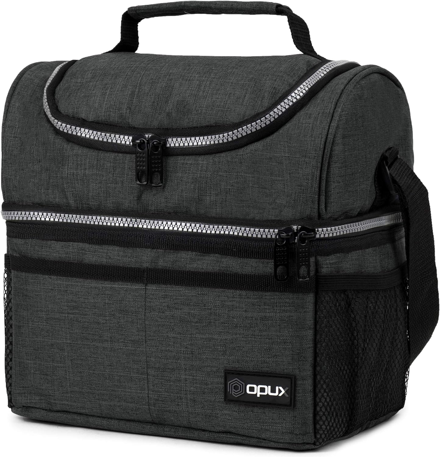 OPUX Lunch Box For Men Women, Insulated Large Double Decker Lunch Bag, Charcoal Gray, 10x7.5x10 Inches