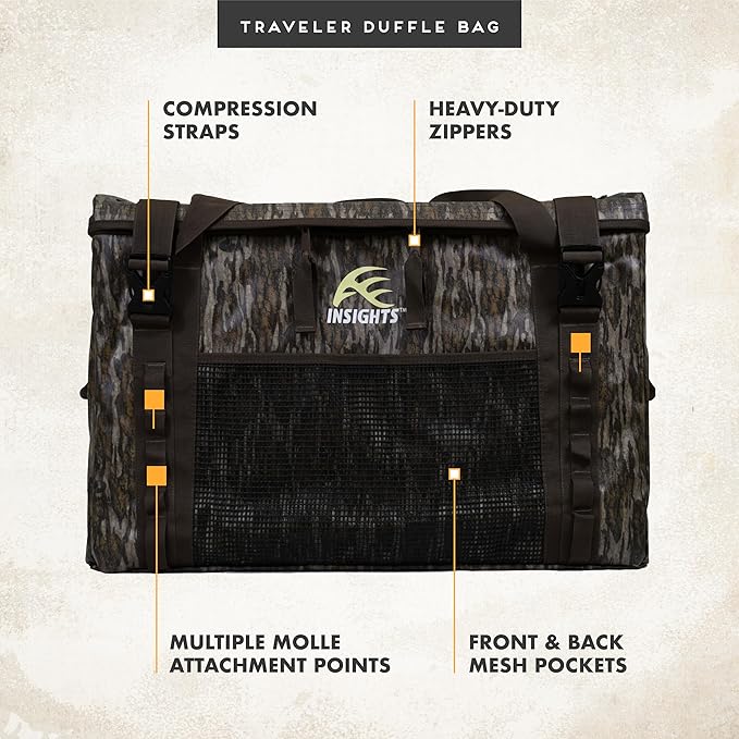 Insights Hunting by frogg toggs– The Traveler Gear Bag, All Around Hunting Weatherproof Storage Duffle, XL 3000 Cubic Inches of Storage, Mossy Oak Bottomland