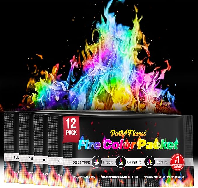 Magic Campfire Fire Color Changing Packets for Fire Pit (12 Pack) Outdoor Fireplaces & Bonfires, Rainbow Colored Flames - Perfect Camping Essential & Accessories - Must Have for Kids & Adults