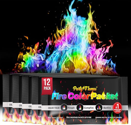 Magic Campfire Fire Color Changing Packets for Fire Pit (12 Pack) Outdoor Fireplaces & Bonfires, Rainbow Colored Flames - Perfect Camping Essential & Accessories - Must Have for Kids & Adults