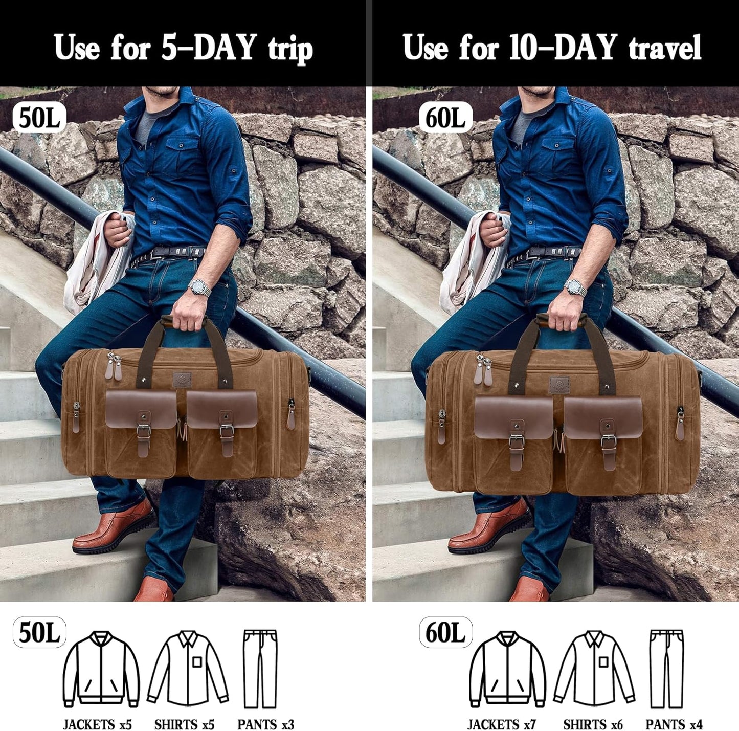 Waxed Canvas Duffle Bag for Men 50L Travel Duffel Bags Expandable Genuine Leather Duffel Overnight Weekender Carry On Bag Two Zipper Pockets Travel Bag (Vintage Dark Brown, Large-50L) - Roamly
