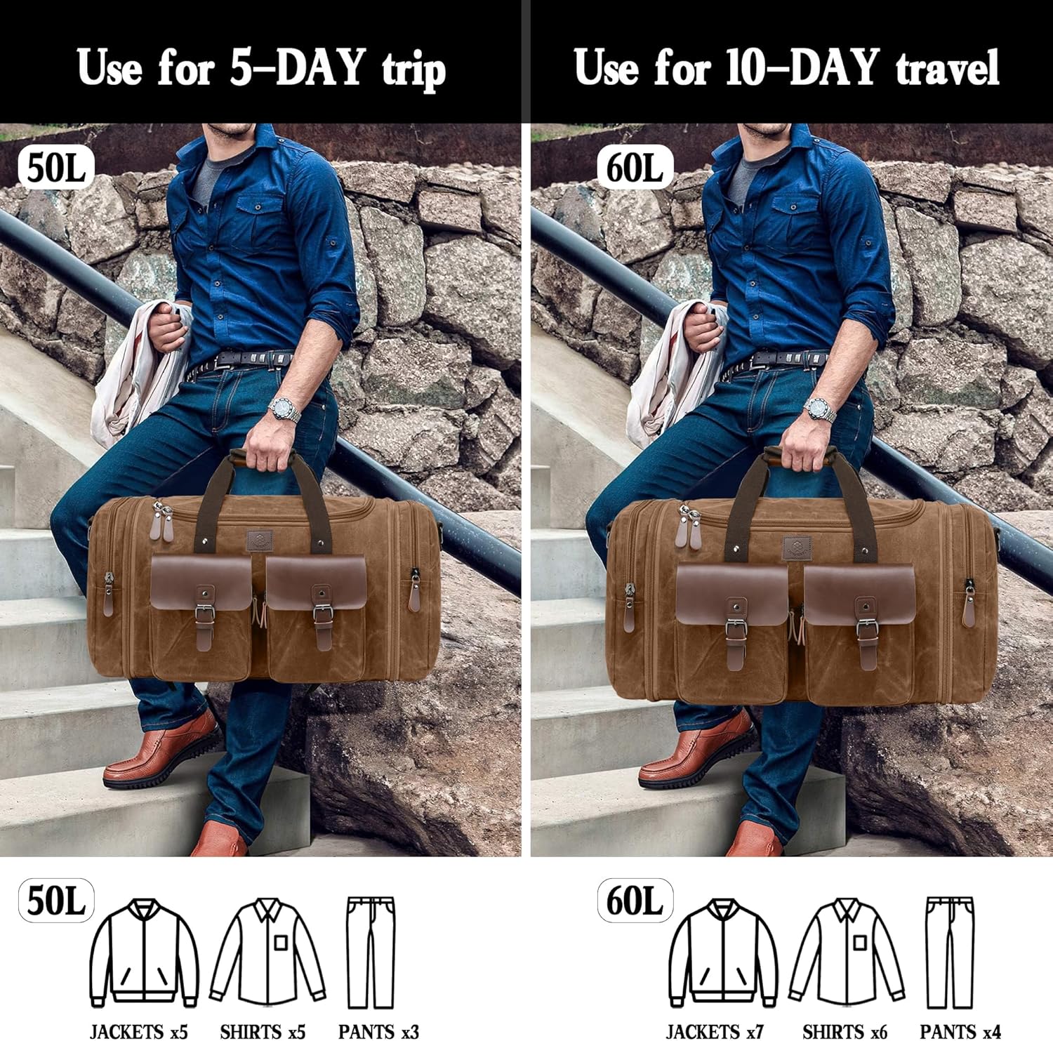Waxed Canvas Duffle Bag for Men 50L Travel Duffel Bags Expandable Genuine Leather Duffel Overnight Weekender Carry On Bag Two Zipper Pockets Travel Bag (Vintage Dark Brown, Large-50L) - Roamly
