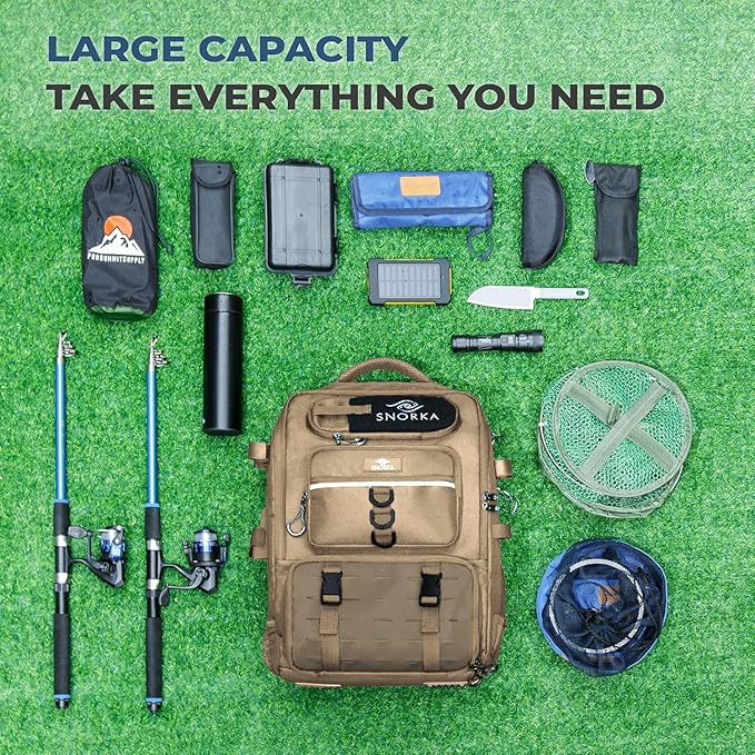 Fishing Backpack with Tackle Boxes and Rod Holders 40L; Plus Rain Cover, Padded Back Support, Insulated Front Pocket for Hot/Cold Lunch, Water Bottle Holder (Force Khaki)