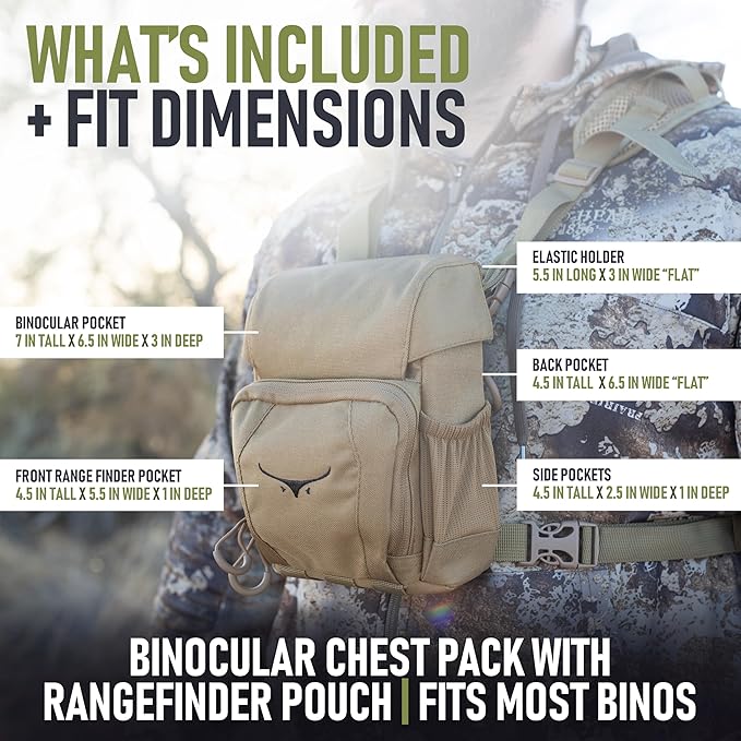 Binocular Harness Chest Pack - Lightweight Hunting Chest Rig with Rangefinder Pouch, MOLLE System Bino Harness for Bow Hunting, Tactical Chest Pack for Men, Veteran Owned Gear, Coyote