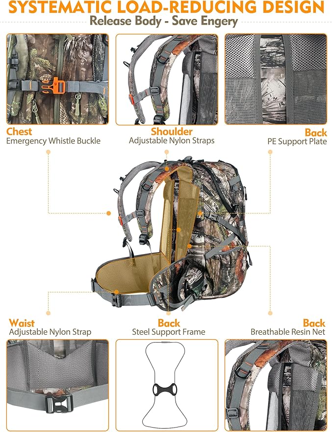 NEW VIEW Hunting Backpacks for Men 35L, Camo Backpack for Hunting with Rifle Bow Gun Holder, Waterproof Hunting Pack with Rain Rover