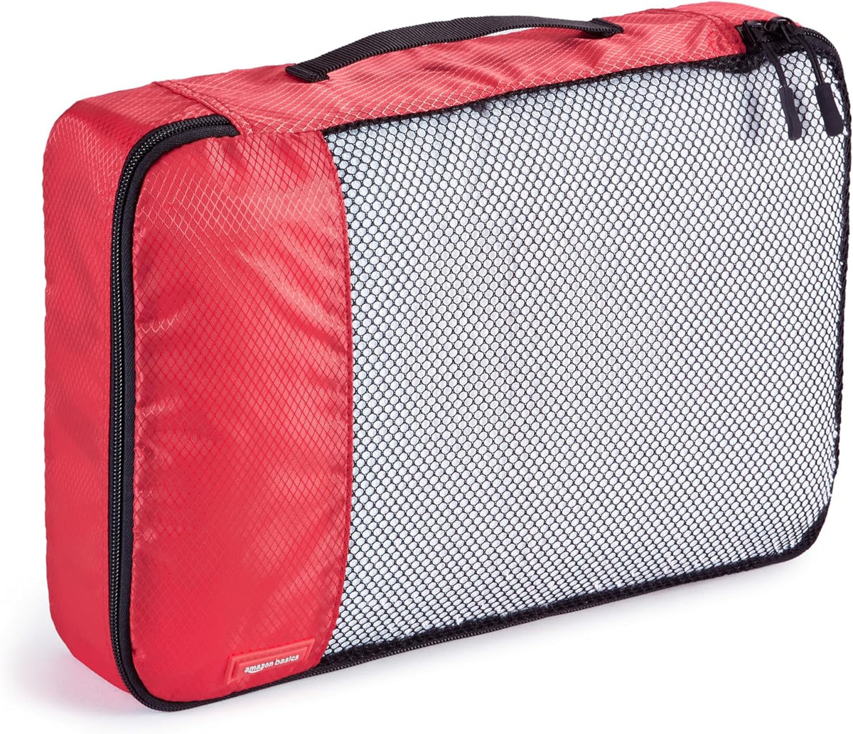Amazon Basics Packing Cubes for Travel, Packing Organizers Set, 4-Piece-Set (Slim, Small, Medium, Large) With Double Zipper Pulls and Mesh Top Panel, 100% Durable Polyester, Red - Roamly
