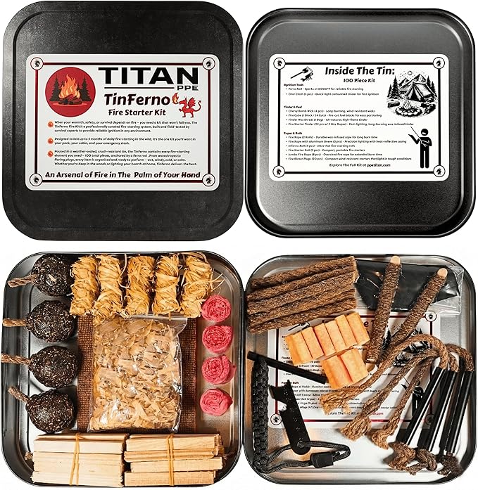 TinFerno Fire Starting Kit – 100pc Fire Starter for Campfires, Ferro Rod, Magnesium Flint, Char Cloth, Fatwood, Wax Rope, Hemp Wick, Camping, Hiking, Bushcraft & Gift - Emergency Fire Kit