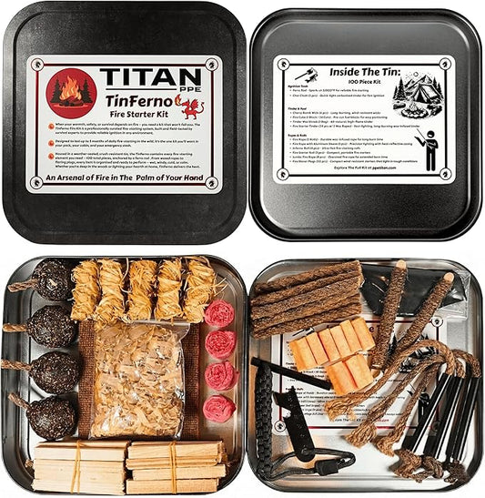 TinFerno Fire Starting Kit – 100pc Fire Starter for Campfires, Ferro Rod, Magnesium Flint, Char Cloth, Fatwood, Wax Rope, Hemp Wick, Camping, Hiking, Bushcraft & Gift - Emergency Fire Kit