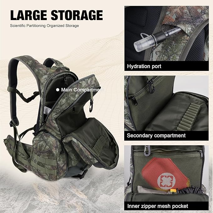 Mardingtop Camo Hunting Backpack for Bow Rifle Gun，Large Capacity Tactical Hunting Day Pack with Rain Cover for Hunting Camping Hiking