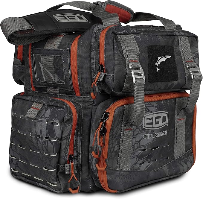 EGO Kryptek Tactical Tackle Box Backpack, Durable Fishing Tool Bag, 1000D Nylon Fabric with PVC Back, Water-Resistant, Multiple Storage Pockets, Laser-Cut Molle Loops, Includes 4 Tackle Trays