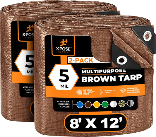 Multipurpose Protective Cover Brown Poly Tarp 8' x 12' (2-Pack) - Durable, Water Resistant, Weather Resistant - 5 Mil Thick Polyethylene - by Xpose Safety