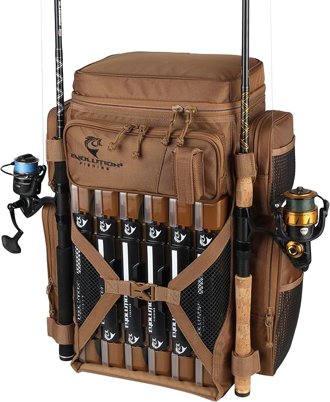 Evolution Fishing Drift Series Tackle Backpack, Outdoor Rucksack w/ 6 Fishing Tackle Trays, Heavy Duty