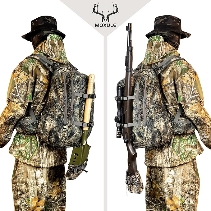 MOXULE Hunting Backpack Waterproof Pack: 25L Hunting Gear with Rain Cover,Hunting Day Pack with Rifle Bow Gun Holder (Camo)